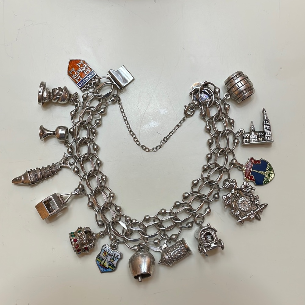 Vintage JB Sterling Silver Interwoven Link Bracelet with 14 European Charms 54g - Picture 3 of 17